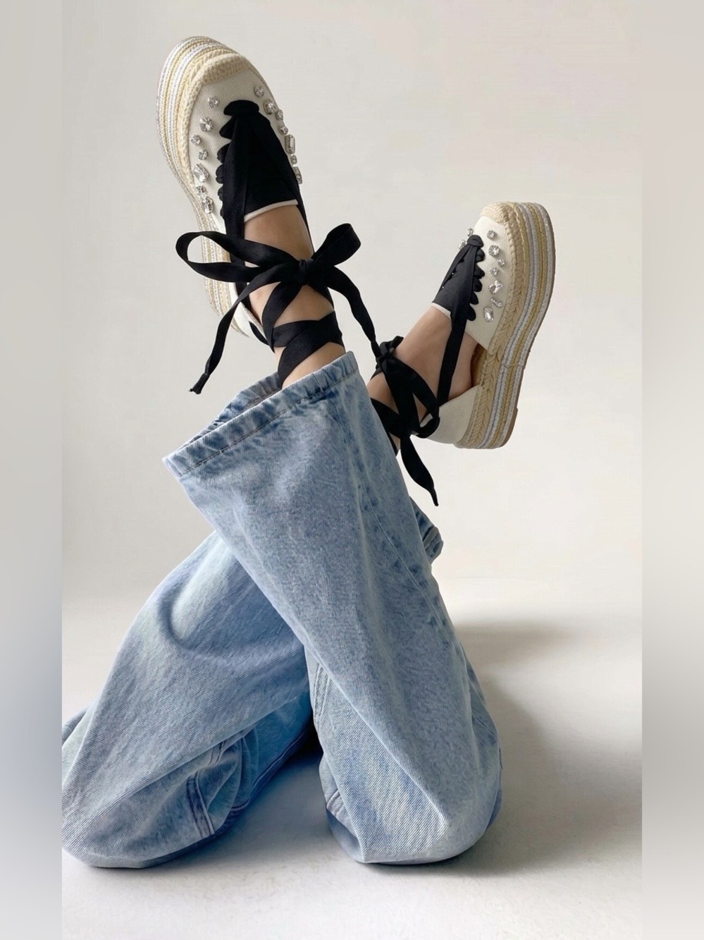 EUC LOEWE Crystal Embellished Lace-Up Espadrille Platform Sandals, EU 40